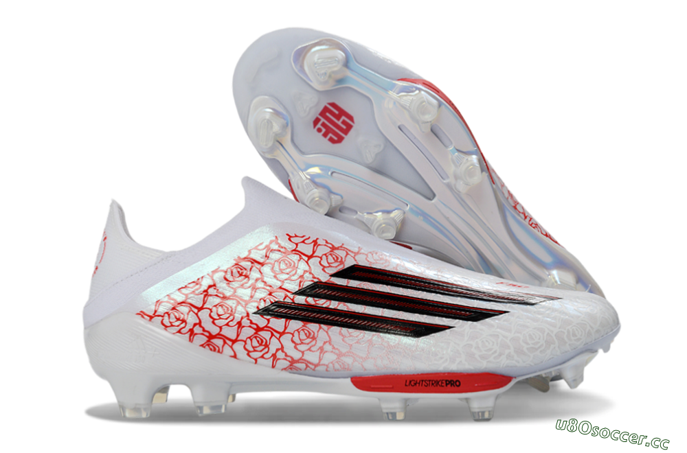 Men's Adidas F50+ Elite Lightstrike Pro Laceless FG Firm Ground Low-Tops Football Boots - White/Rose Red/Black 2