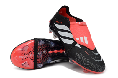 Unisex Adidas Predator 26 Elite Fold-Over Tongue FG Firm Ground Low-Tops Football Boots - Black/Coral Red/Silver