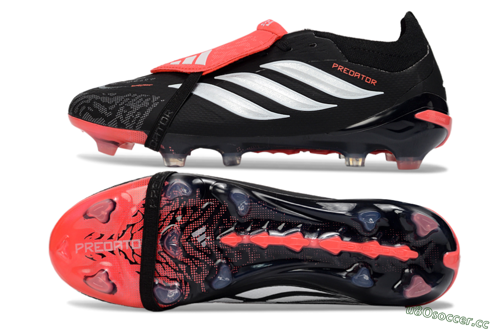 Unisex Adidas Predator 26 Elite Fold-Over Tongue FG Firm Ground Low-Tops Football Boots - Black/Coral Red/Silver 1