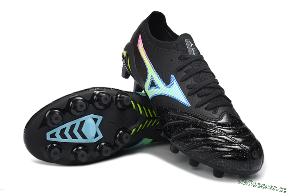 Men's Mizuno Morelia Neo 3 FG Firm Ground Low-Tops Football Boots - Black/Electric Blue/Lime Green 3