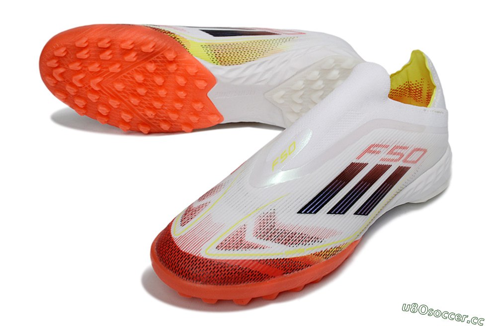 Men's Adidas F50 Pro Laceless TF Artificial Turf Low-Tops Football Shoes - White/Vibrant Orange/Sunny Yellow 3