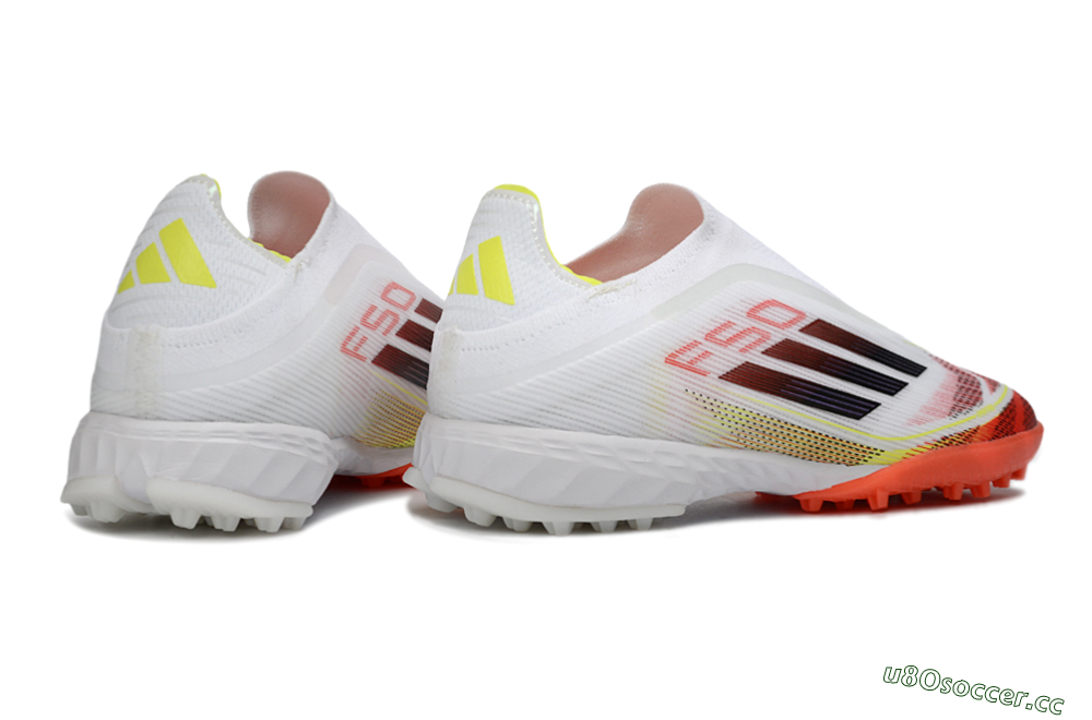 Men's Adidas F50 Pro Laceless TF Artificial Turf Low-Tops Football Shoes - White/Vibrant Orange/Sunny Yellow 6