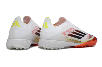 Men's Adidas F50 Pro Laceless TF Artificial Turf Low-Tops Football Shoes - White/Vibrant Orange/Sunny Yellow