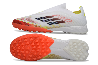 Men's Adidas F50 Pro Laceless TF Artificial Turf Low-Tops Football Shoes - White/Vibrant Orange/Sunny Yellow