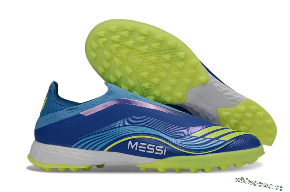 Men's Messi x Adidas F50 Pro Laceless TF Artificial Turf Low-Tops Football Shoes - Blue/Lime Green/Light Blue 2