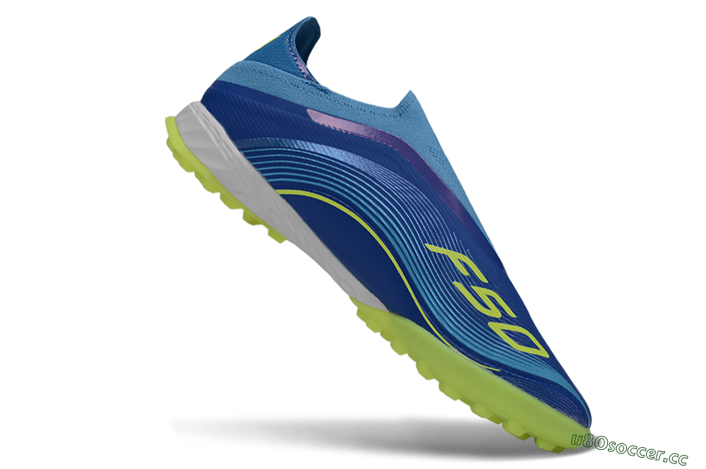 Men's Messi x Adidas F50 Pro Laceless TF Artificial Turf Low-Tops Football Shoes - Blue/Lime Green/Light Blue 4