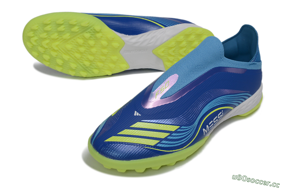 Men's Messi x Adidas F50 Pro Laceless TF Artificial Turf Low-Tops Football Shoes - Blue/Lime Green/Light Blue 3