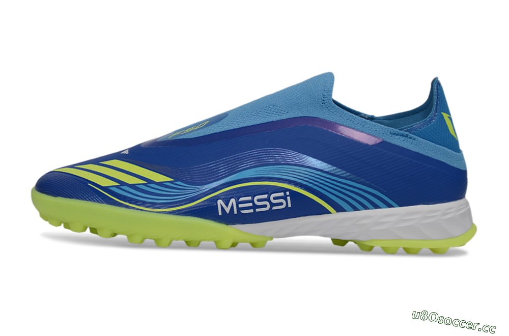 Men's Messi x Adidas F50 Pro Laceless TF Artificial Turf Low-Tops Football Shoes - Blue/Lime Green/Light Blue 0