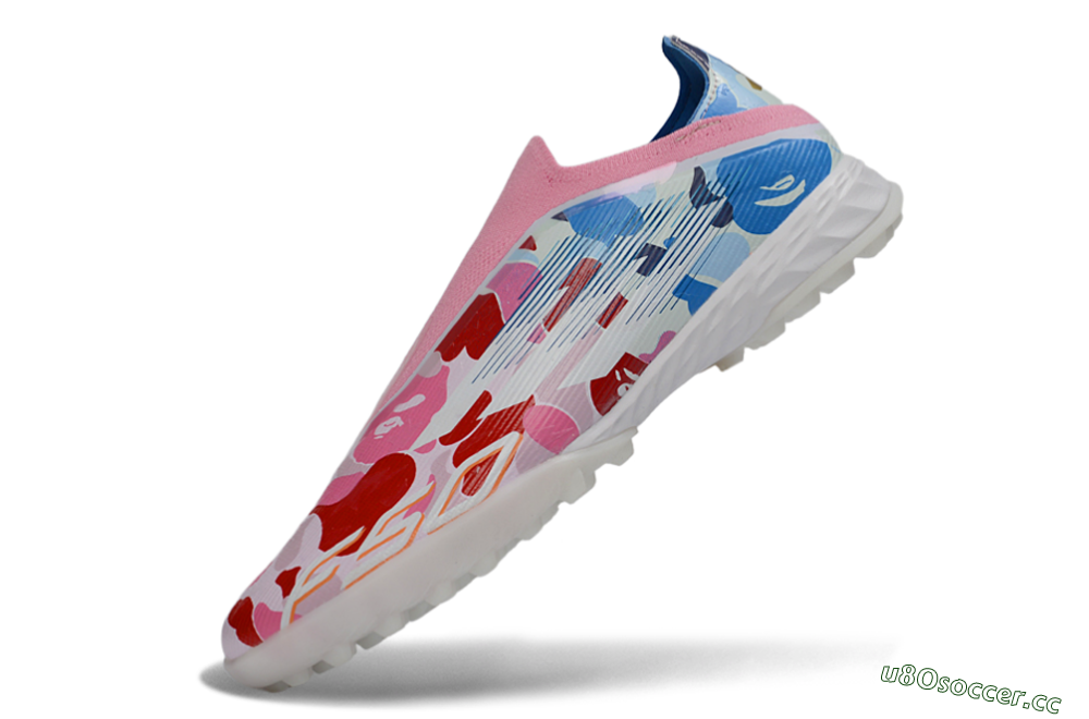 Men's Adidas F50 Pro Laceless TF Artificial Turf Low-Tops Football Shoes - Pink/Coral Breeze/Frosted Blue 5