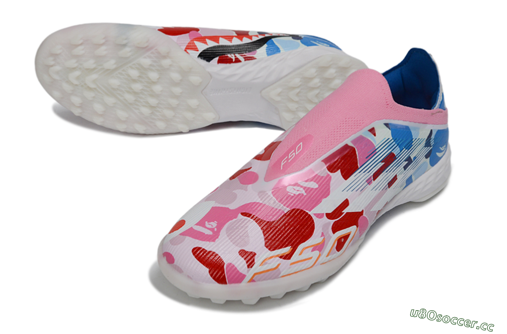 Men's Adidas F50 Pro Laceless TF Artificial Turf Low-Tops Football Shoes - Pink/Coral Breeze/Frosted Blue 3