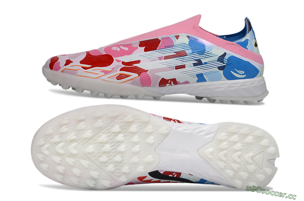 Men's Adidas F50 Pro Laceless TF Artificial Turf Low-Tops Football Shoes - Pink/Coral Breeze/Frosted Blue 1