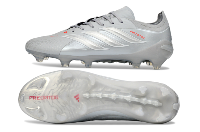 Men's Adidas Predator 26 Elite FG Firm Ground Low-Tops Football Boots - Grey/Silver Mist/Crimson Flash