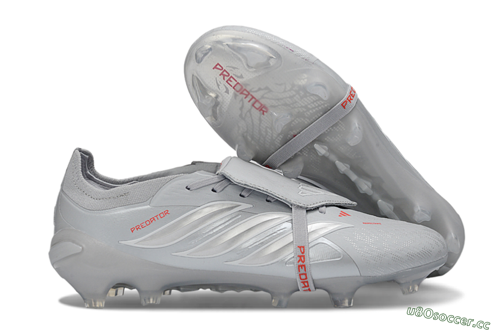 Men's Adidas Predator 26 Elite Fold-Over Tongue FG Firm Ground Low-Tops Football Boots - Gray/Metallic Silver/Crimson Red 2