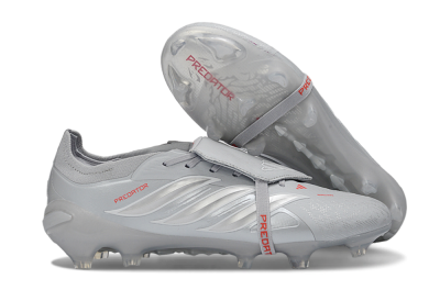 Men's Adidas Predator 26 Elite Fold-Over Tongue FG Firm Ground Low-Tops Football Boots - Gray/Metallic Silver/Crimson Red