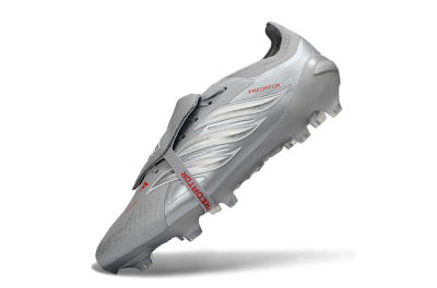 Men's Adidas Predator 26 Elite Fold-Over Tongue FG Firm Ground Low-Tops Football Boots - Gray/Metallic Silver/Crimson Red