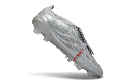 Men's Adidas Predator 26 Elite Fold-Over Tongue FG Firm Ground Low-Tops Football Boots - Gray/Metallic Silver/Crimson Red
