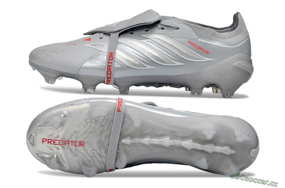 Men's Adidas Predator 26 Elite Fold-Over Tongue FG Firm Ground Low-Tops Football Boots - Gray/Metallic Silver/Crimson Red 1