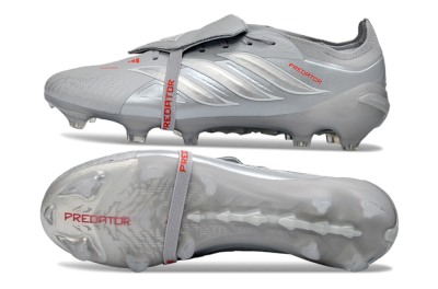 Men's Adidas Predator 26 Elite Fold-Over Tongue FG Firm Ground Low-Tops Football Boots - Gray/Metallic Silver/Crimson Red
