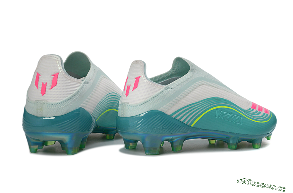 Unisex Messi x Adidas F50 Elite Laceless FG Firm Ground Low-Tops Football Boots - Aqua/Neon Green/Pink 7