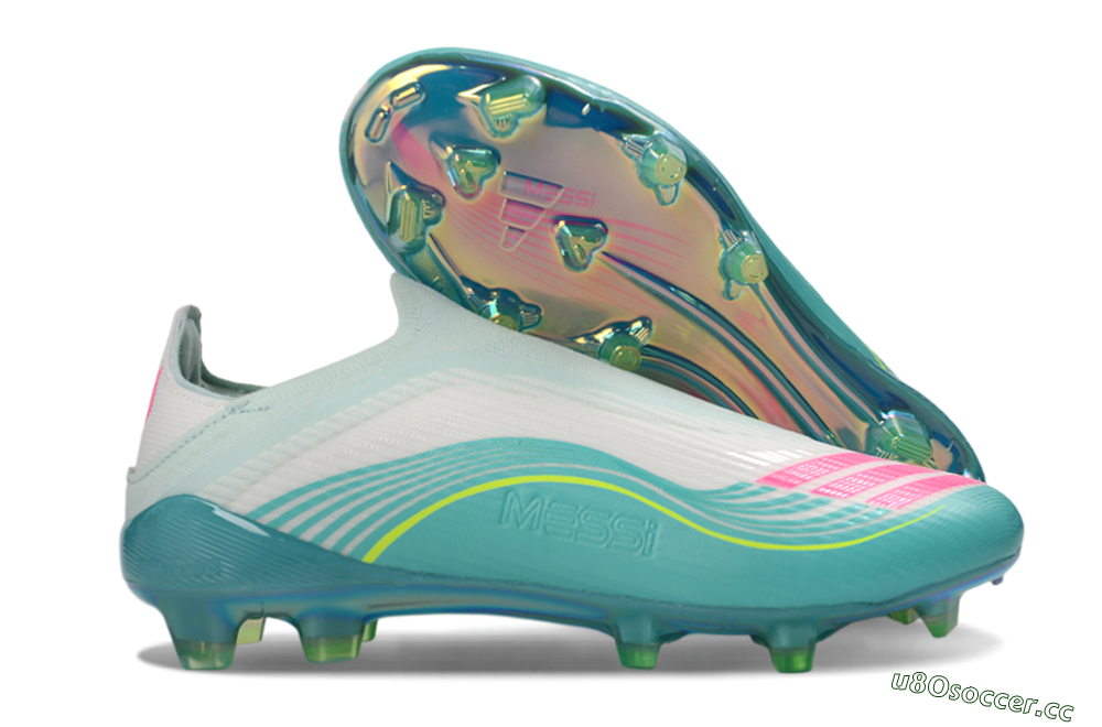Unisex Messi x Adidas F50 Elite Laceless FG Firm Ground Low-Tops Football Boots - Aqua/Neon Green/Pink 2