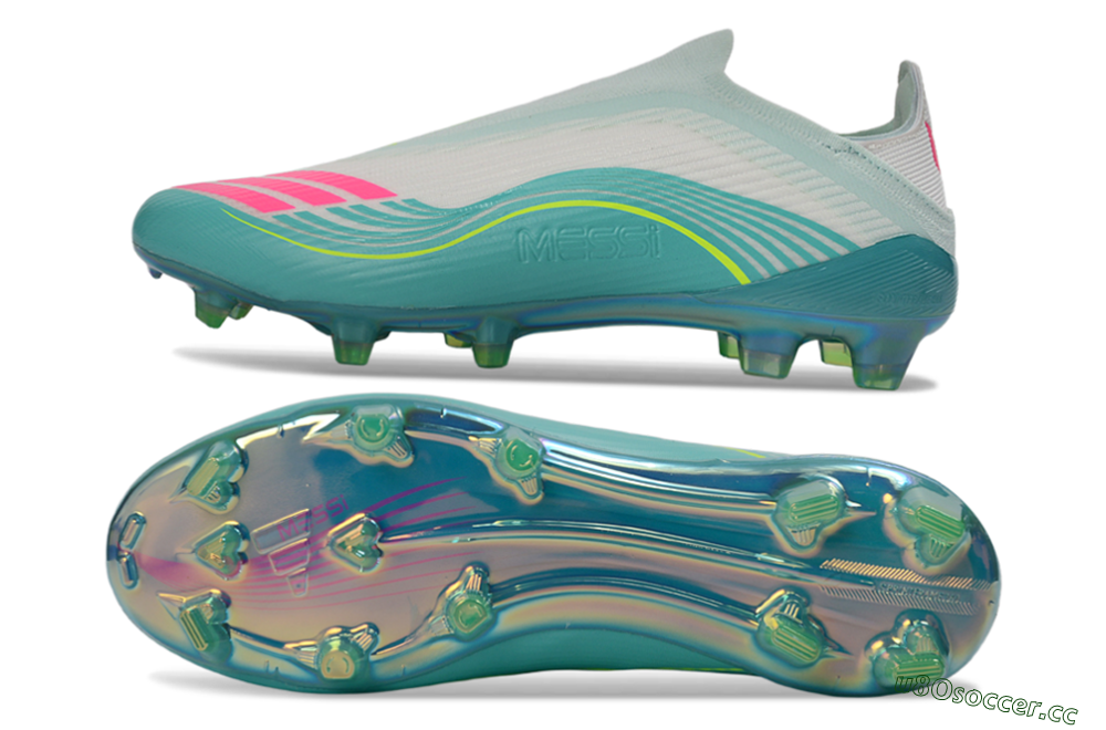 Unisex Messi x Adidas F50 Elite Laceless FG Firm Ground Low-Tops Football Boots - Aqua/Neon Green/Pink 1