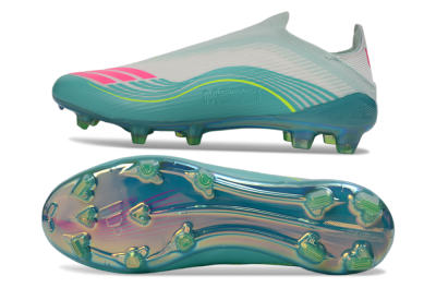 Unisex Messi x Adidas F50 Elite Laceless FG Firm Ground Low-Tops Football Boots - Aqua/Neon Green/Pink