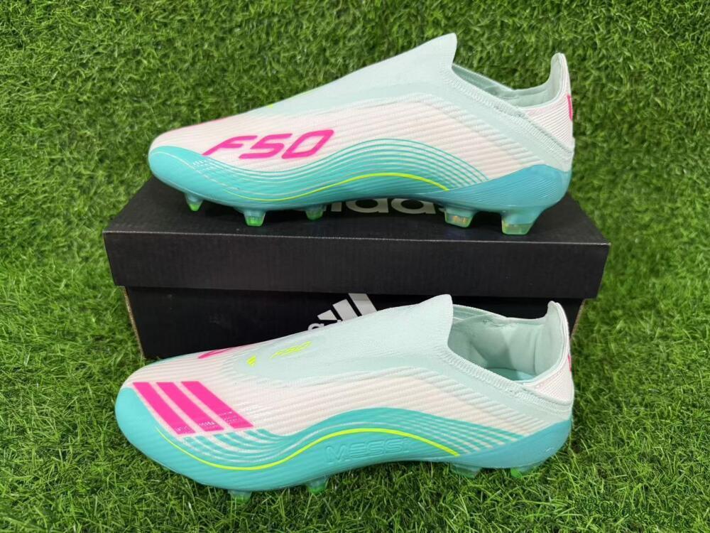 Unisex Messi x Adidas F50 Elite Laceless FG Firm Ground Low-Tops Football Boots - Aqua/Neon Green/Pink