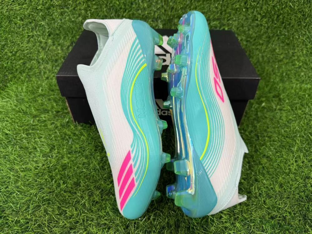 Unisex Messi x Adidas F50 Elite Laceless FG Firm Ground Low-Tops Football Boots - Aqua/Neon Green/Pink