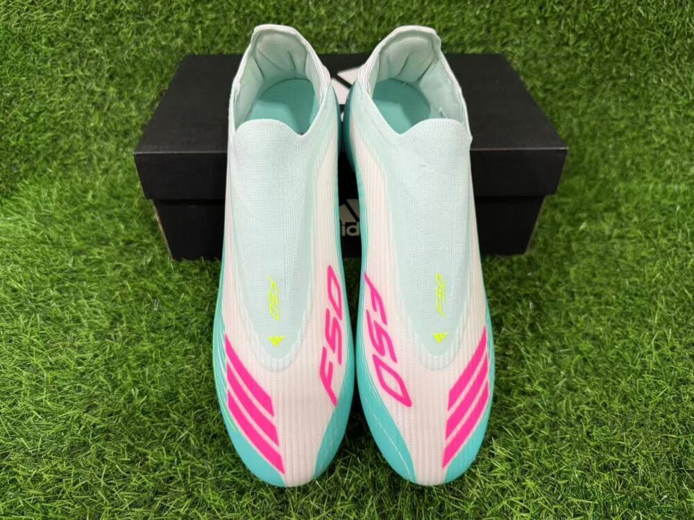 Unisex Messi x Adidas F50 Elite Laceless FG Firm Ground Low-Tops Football Boots - Aqua/Neon Green/Pink