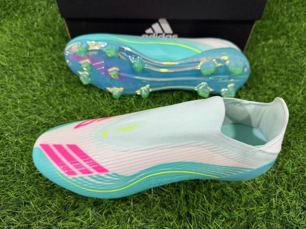 Unisex Messi x Adidas F50 Elite Laceless FG Firm Ground Low-Tops Football Boots - Aqua/Neon Green/Pink