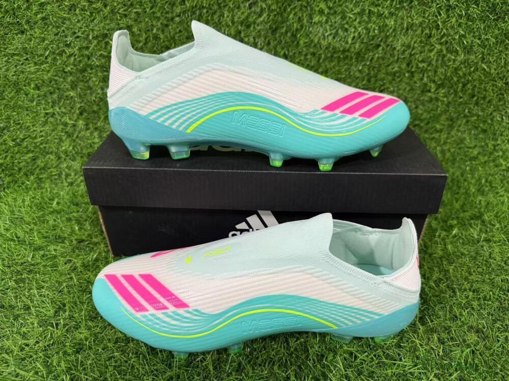 Unisex Messi x Adidas F50 Elite Laceless FG Firm Ground Low-Tops Football Boots - Aqua/Neon Green/Pink