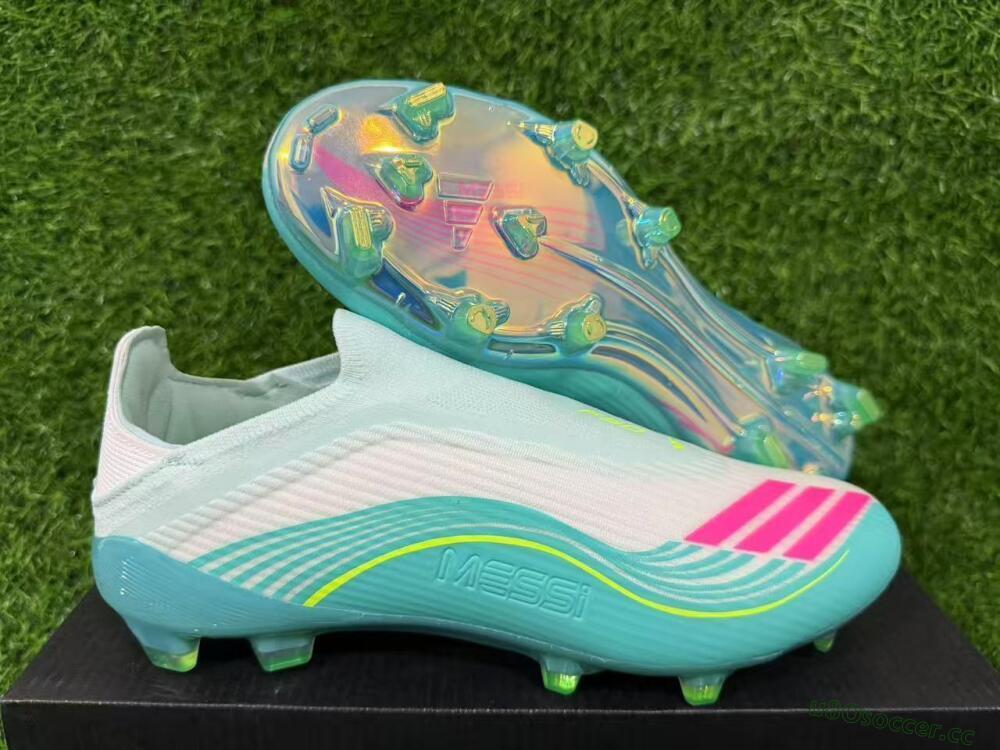 Unisex Messi x Adidas F50 Elite Laceless FG Firm Ground Low-Tops Football Boots - Aqua/Neon Green/Pink