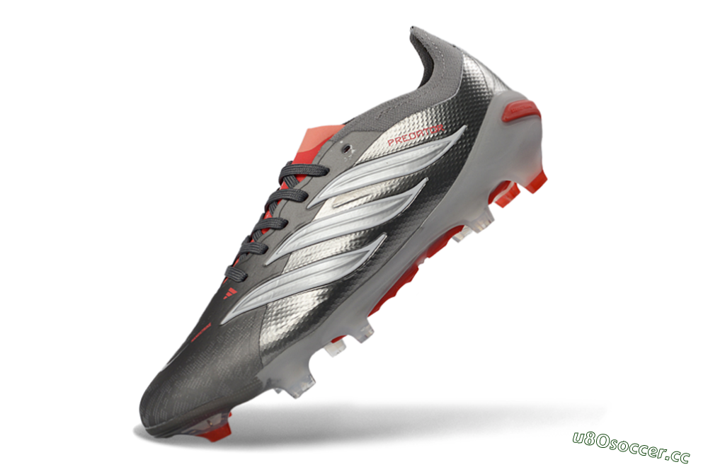 Unisex Adidas Predator 26 Elite FG Firm Ground Low-Tops Football Boots - Gray/Bright Red/Metallic Silver 6
