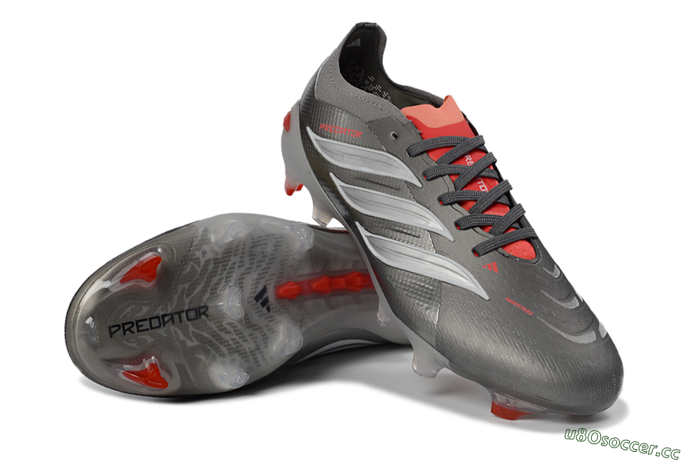 Unisex Adidas Predator 26 Elite FG Firm Ground Low-Tops Football Boots - Gray/Bright Red/Metallic Silver 4