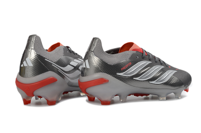 Unisex Adidas Predator 26 Elite FG Firm Ground Low-Tops Football Boots - Gray/Bright Red/Metallic Silver