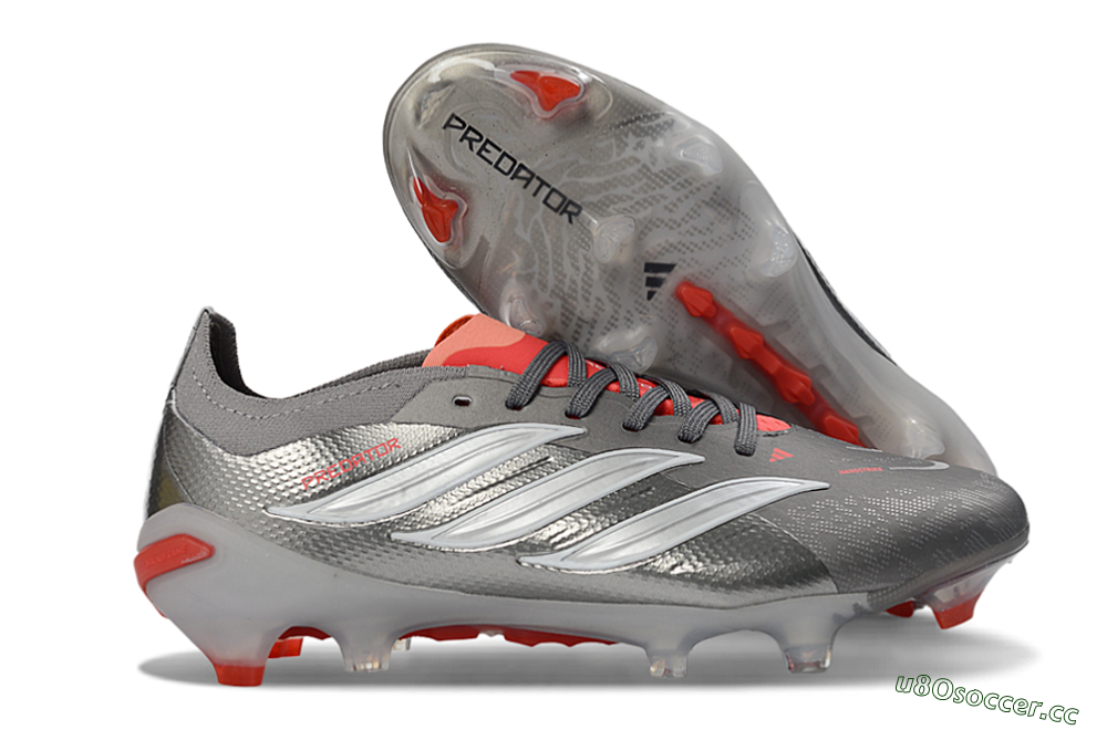 Unisex Adidas Predator 26 Elite FG Firm Ground Low-Tops Football Boots - Gray/Bright Red/Metallic Silver 2