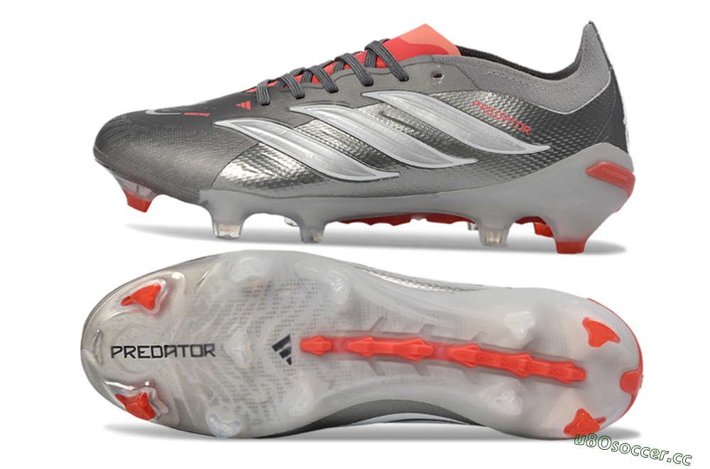 Unisex Adidas Predator 26 Elite FG Firm Ground Low-Tops Football Boots - Gray/Bright Red/Metallic Silver 1