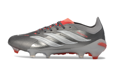 Unisex Adidas Predator 26 Elite FG Firm Ground Low-Tops Football Boots - Gray/Bright Red/Metallic Silver