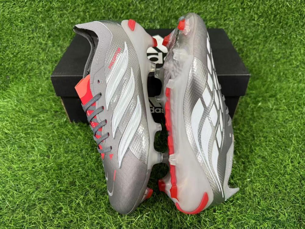 Unisex Adidas Predator 26 Elite FG Firm Ground Low-Tops Football Boots - Gray/Bright Red/Metallic Silver