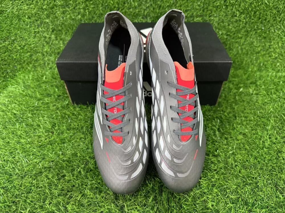 Unisex Adidas Predator 26 Elite FG Firm Ground Low-Tops Football Boots - Gray/Bright Red/Metallic Silver