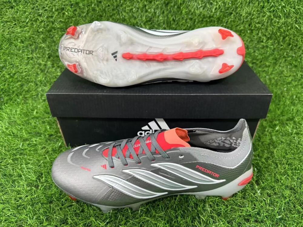 Unisex Adidas Predator 26 Elite FG Firm Ground Low-Tops Football Boots - Gray/Bright Red/Metallic Silver