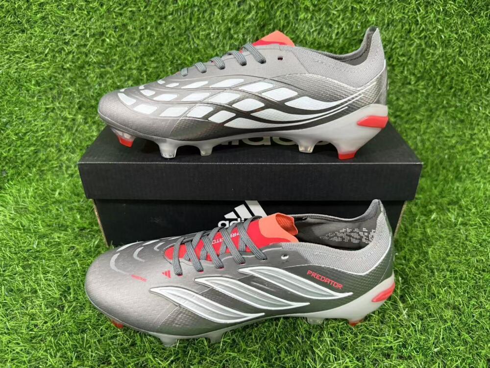 Unisex Adidas Predator 26 Elite FG Firm Ground Low-Tops Football Boots - Gray/Bright Red/Metallic Silver