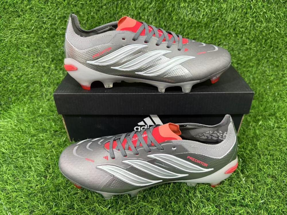 Unisex Adidas Predator 26 Elite FG Firm Ground Low-Tops Football Boots - Gray/Bright Red/Metallic Silver