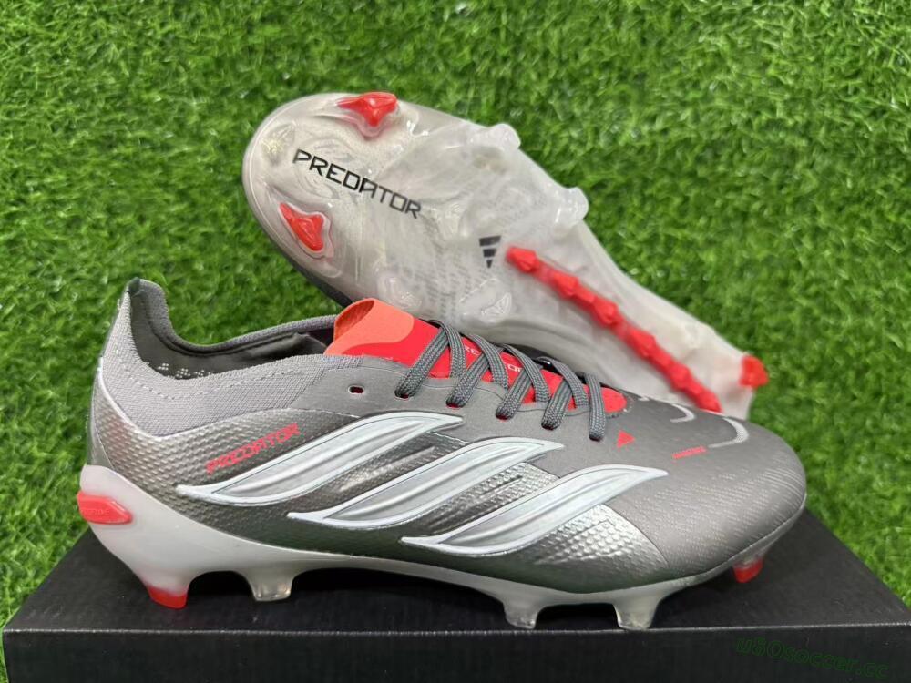 Unisex Adidas Predator 26 Elite FG Firm Ground Low-Tops Football Boots - Gray/Bright Red/Metallic Silver