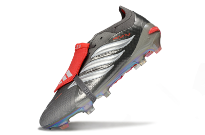 Men's Adidas Predator 26 Elite Fold-Over Tongue FG Firm Ground Low-Tops Football Boots - Gray/High Visibility Red/Metallic Silver