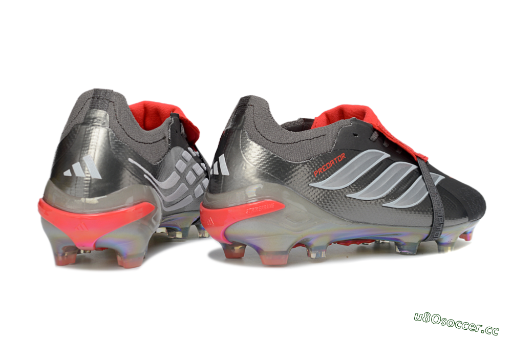 Men's Adidas Predator 26 Elite Fold-Over Tongue FG Firm Ground Low-Tops Football Boots - Gray/High Visibility Red/Metallic Silver 6