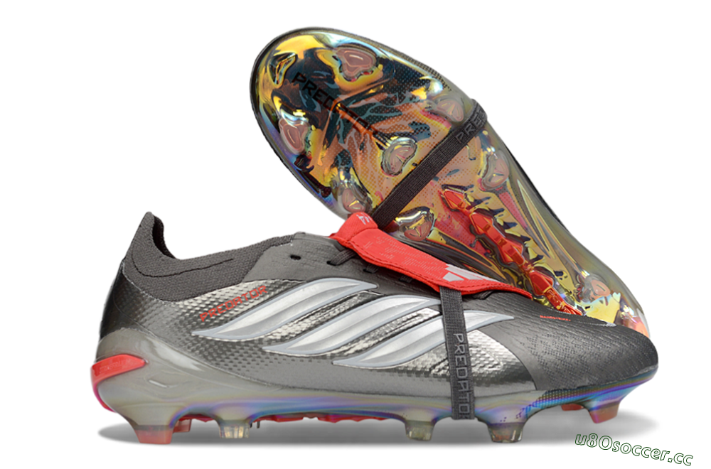 Men's Adidas Predator 26 Elite Fold-Over Tongue FG Firm Ground Low-Tops Football Boots - Gray/High Visibility Red/Metallic Silver 2