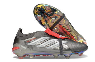 Men's Adidas Predator 26 Elite Fold-Over Tongue FG Firm Ground Low-Tops Football Boots - Gray/High Visibility Red/Metallic Silver