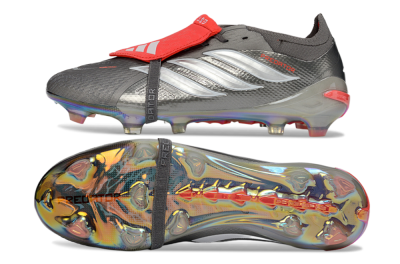 Men's Adidas Predator 26 Elite Fold-Over Tongue FG Firm Ground Low-Tops Football Boots - Gray/High Visibility Red/Metallic Silver