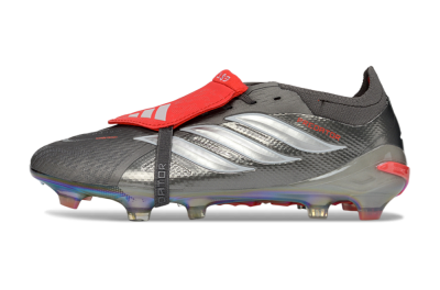 Men's Adidas Predator 26 Elite Fold-Over Tongue FG Firm Ground Low-Tops Football Boots - Gray/High Visibility Red/Metallic Silver